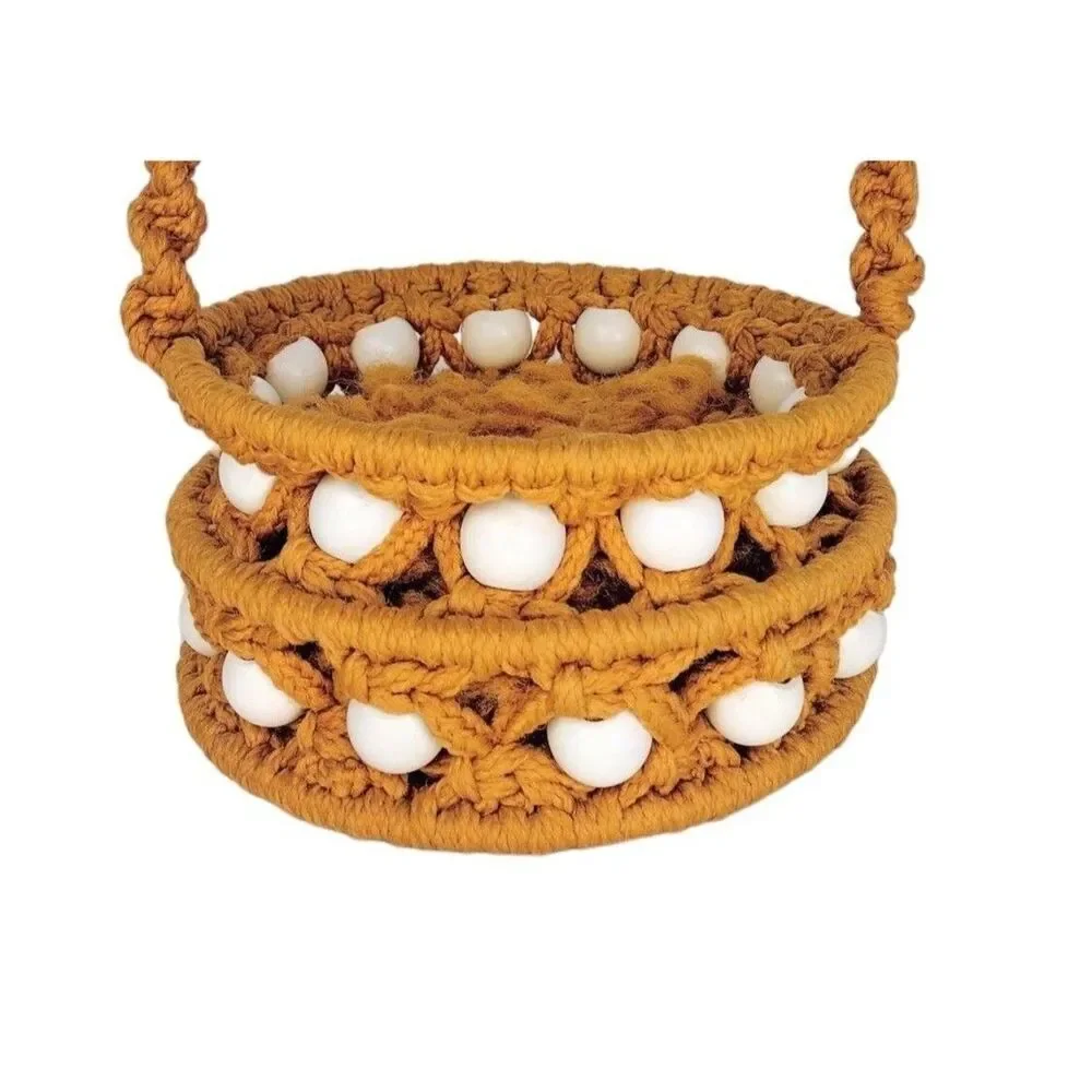 VTG 60s 70s MCM Gold Macrame Porcelain Elephant & Wood Beads Easter Basket 14